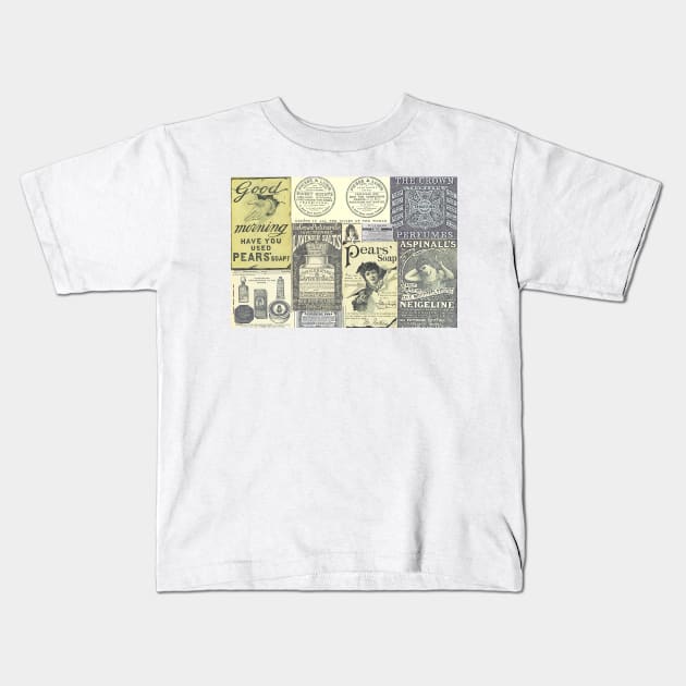 Vintage British Bathroom Product Advertisements Collage Kids T-Shirt by MarbleCloud